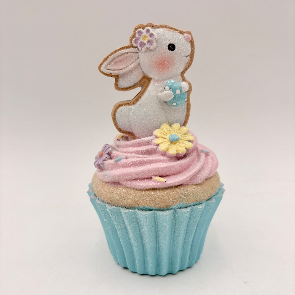 Easter Bunny Rabbit Cupcake Figure Pink Frosting Blue Liner Glitter Spring Decor